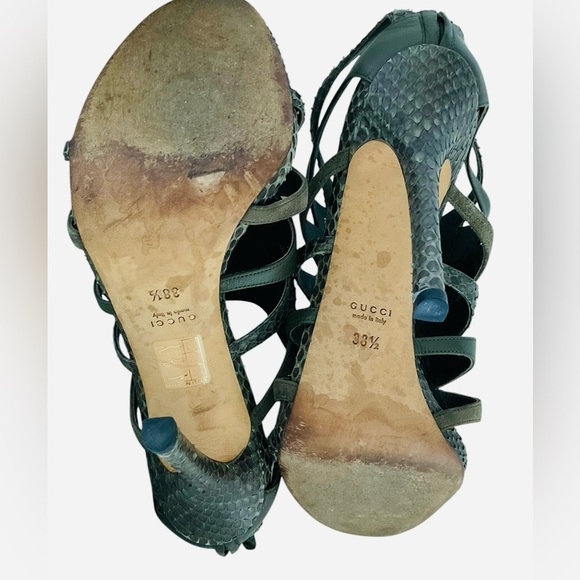 Rare Gucci Snakeskin & Leather Strappy Stiletto Sandals 38.5 Olive Green - Picture 8 of 8